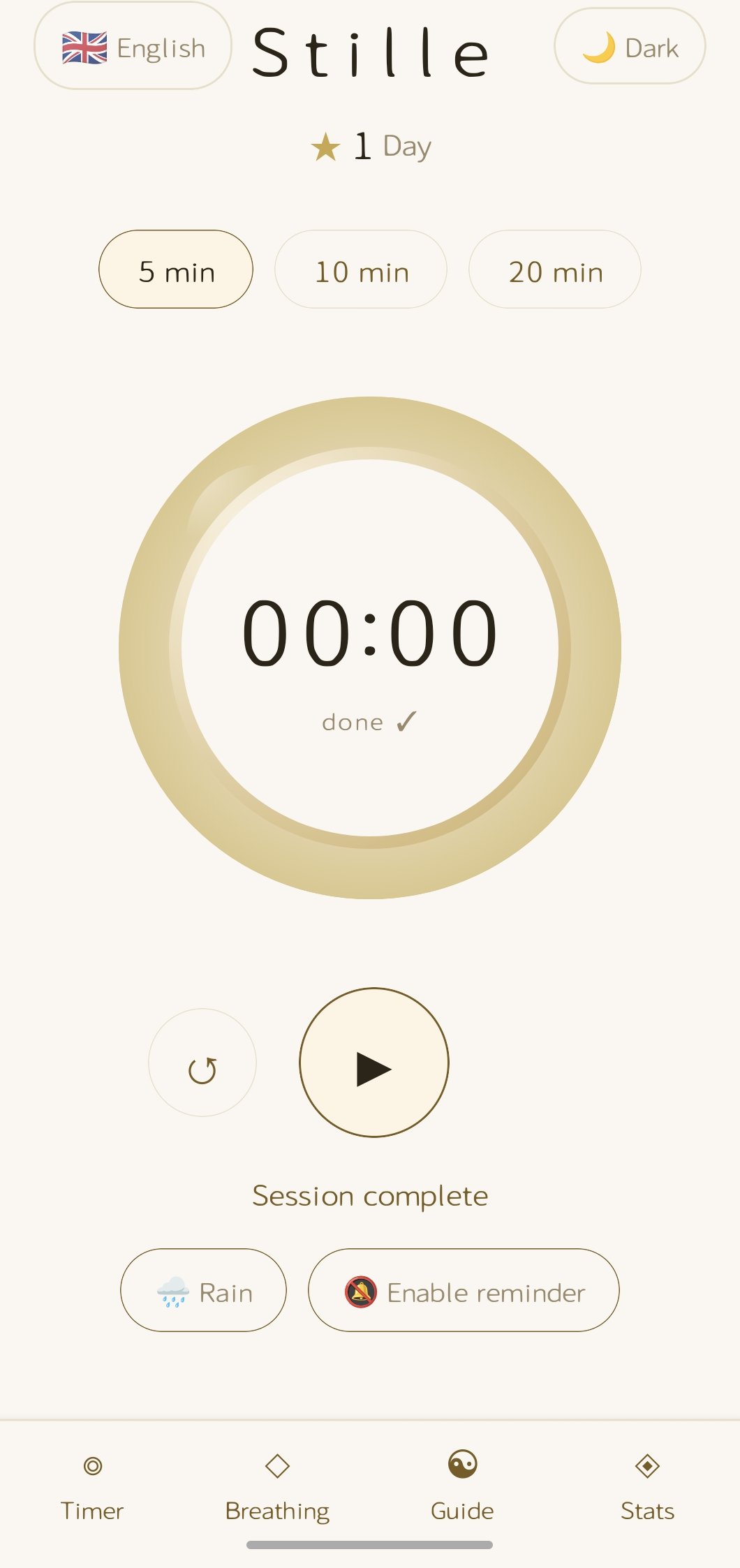 Stille app — meditation timer in action